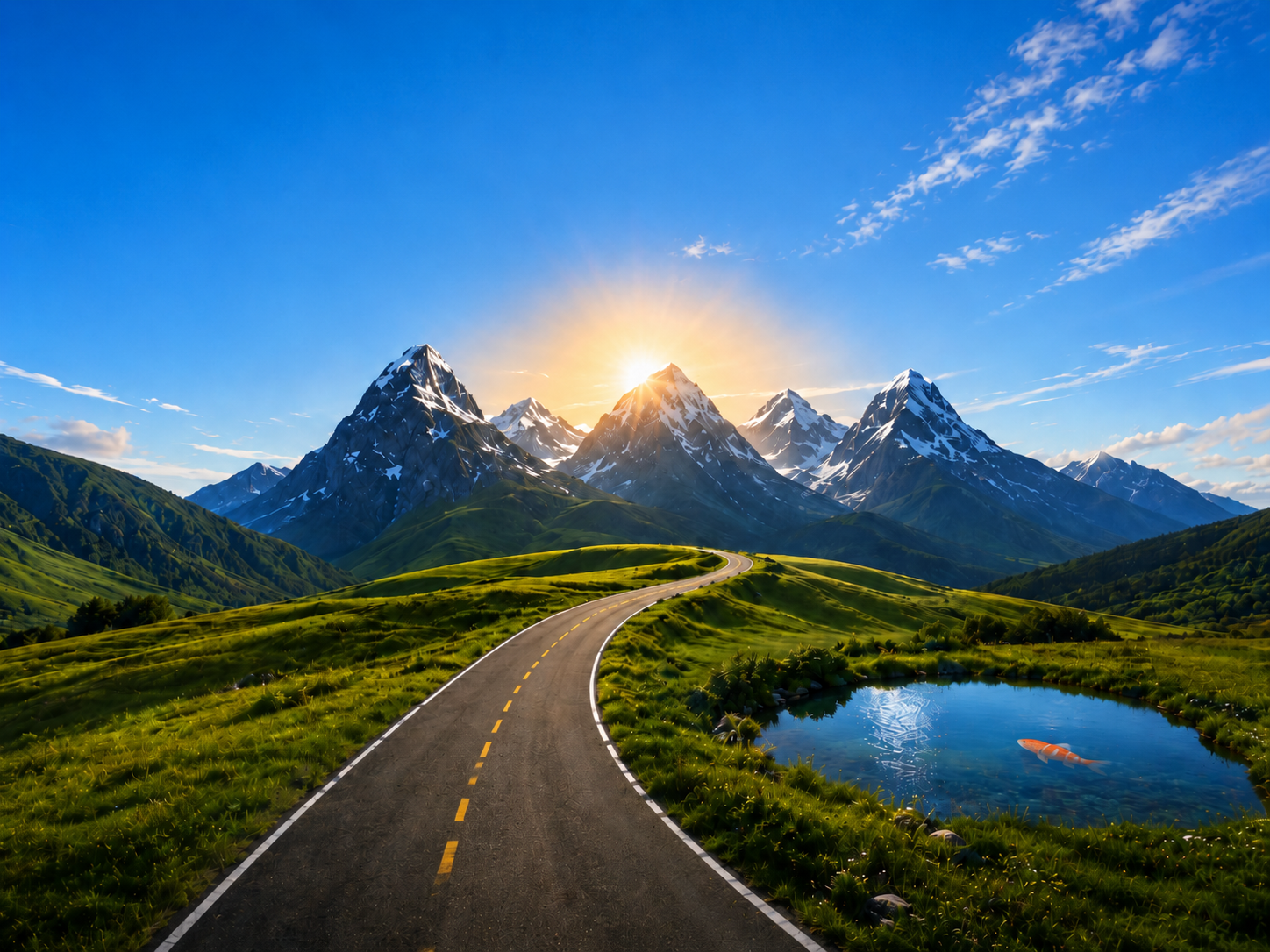 A winding road leading towards sunlit mountains